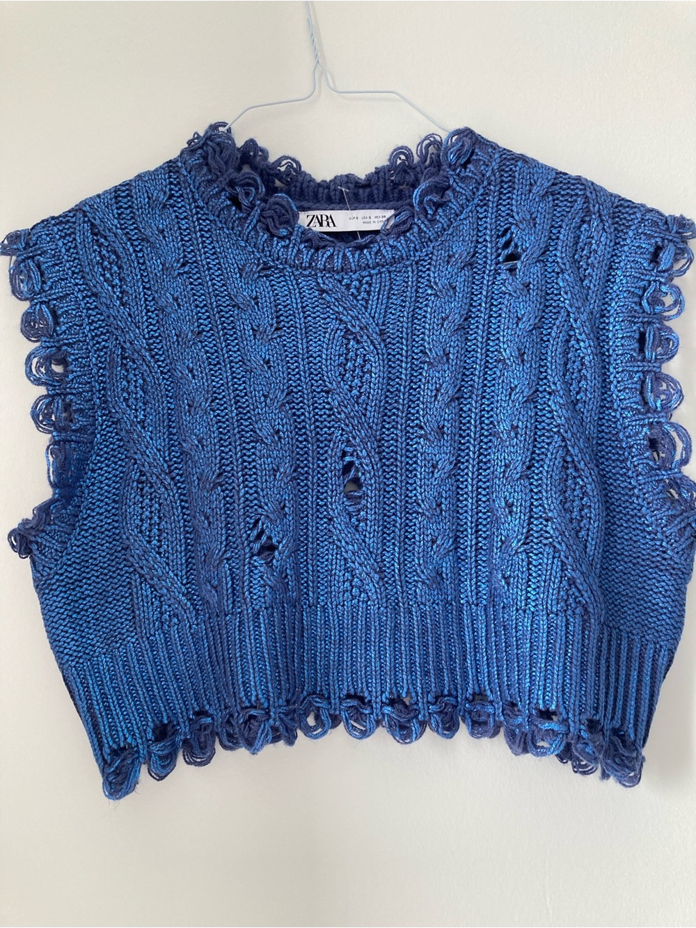 Zara Navy Blue Textured Cable Knit Cropped Vest